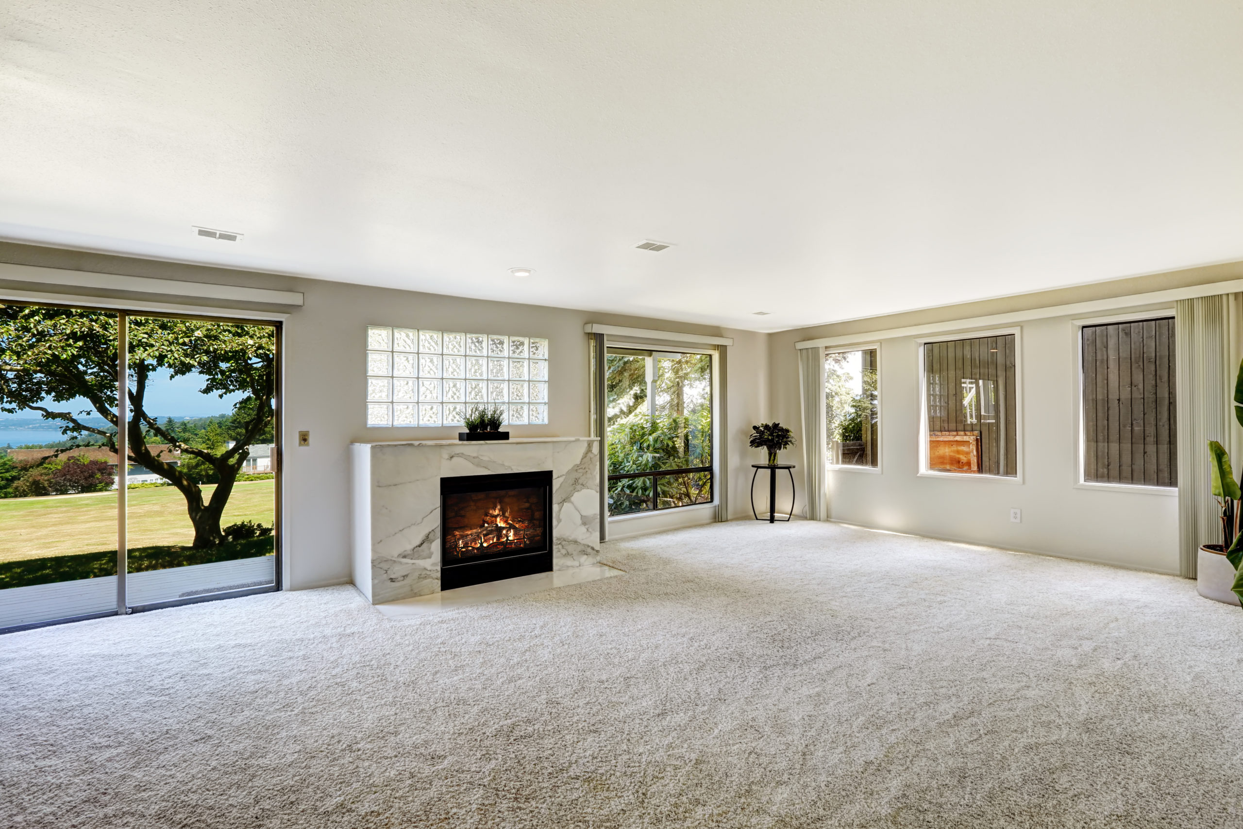 Empty room with fireplace, and carpet floor with sliding doors leading to a backyard in Port Colborne, Ontario