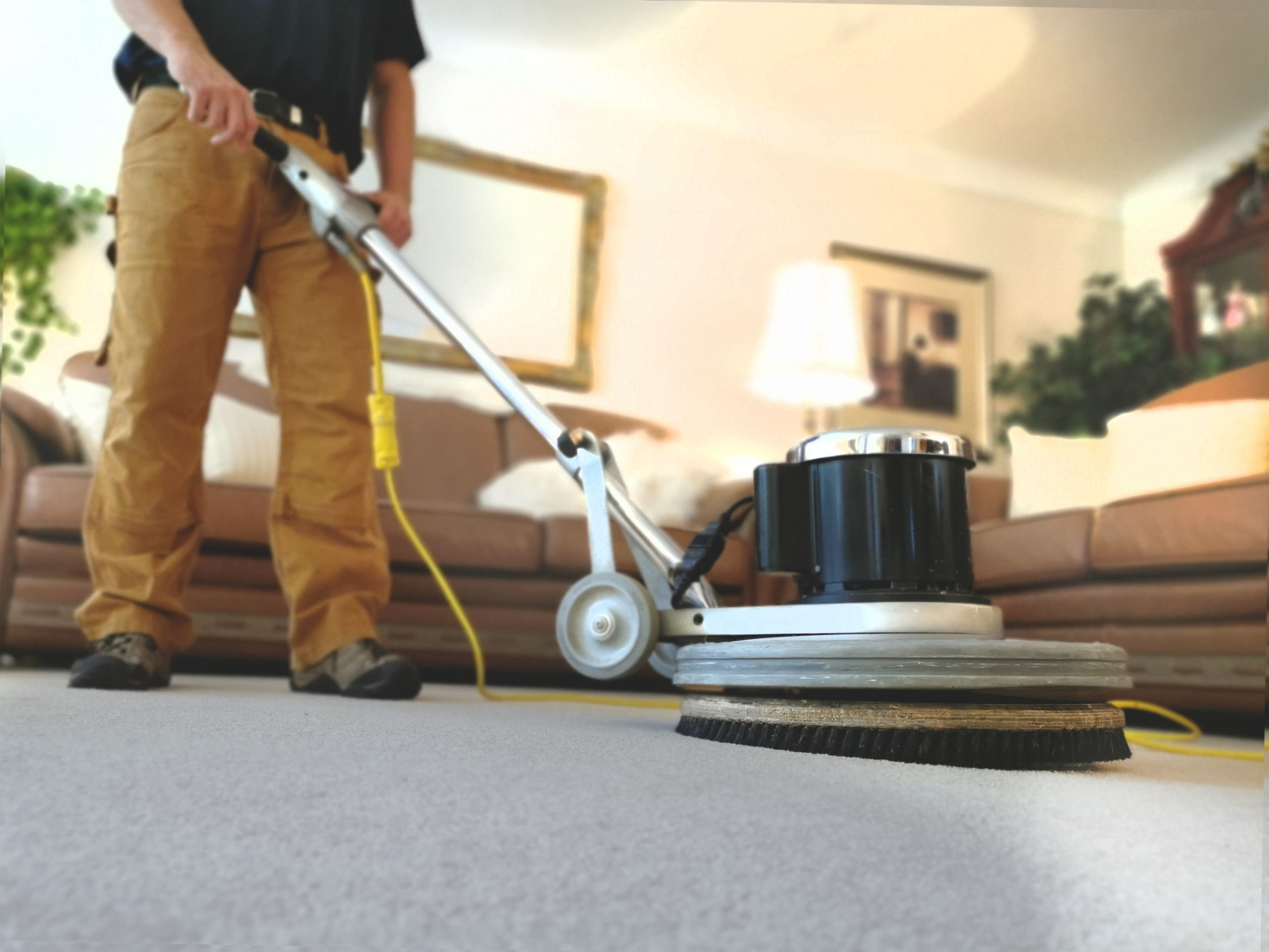 Close up of Chris O'Brien using a Rotostatic carpet cleaning scrubber in a living room